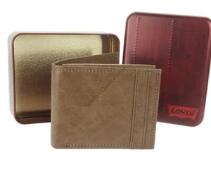 Auténtica billetera de cuero Levi's bronceada doble plegable protección RFID ventana solapa lata - Imagen 1 de 8