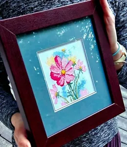Finished Hand Cross Stitch Art Spring Flowers - Framed Picture Wall Decor - Picture 1 of 3