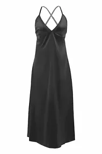 Nightgown Womens Large Black Stretch Satin Long Silky Gown Sexy High Leg Slit - Picture 1 of 5