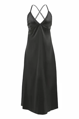 Nightgown Womens Large Black Stretch Satin Long Silky Gown Sexy High Leg Slit - Image 1 of 4