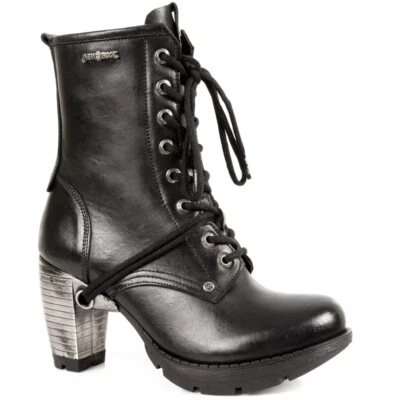 New Rock TR001-S1 Ladies Leather Boots Trail Black Gothic Punk Rock Lace Boots - Image 1 of 4