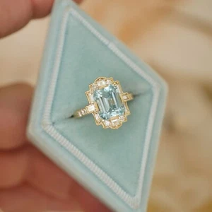 Anillo de oro 14K rectangular aguamarina Art Deco llamativo banda nupcial regalo mujeres - Imagen 1 de 12
