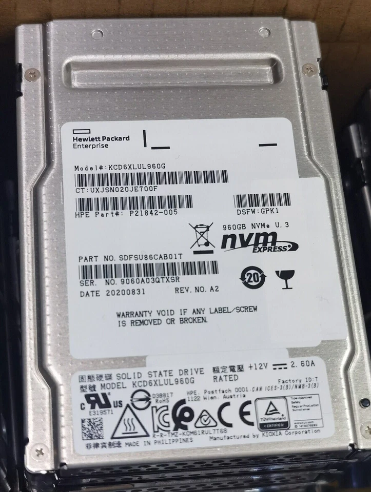 TOSHIBA CD6 960GB SSD U.3 HPE 3DWPD KCD6XLUL960G GPK1 SDFSU86CAB01T NVME. - Image 1 of 1