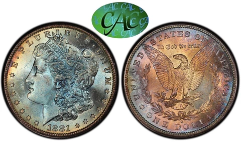 1881-S Morgan Dollar PCGS MS65 CAC Ultra Lustrous Color Dual Rainbow Toned +Vid Cover