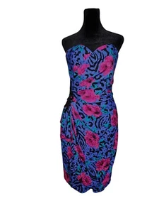 Womens Strapless Silk Cocktail Dress~Multicolor Flowere~Beaded Applique~A.J.Bari - Picture 1 of 8