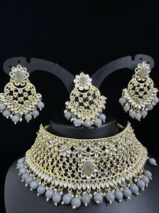 Collana asiatica girocollo festa abbigliamento indiano scintillante americano disegno foglia di diamante - Foto 1 di 13