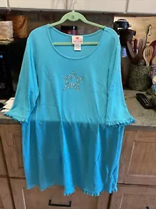 Quacker Factory M Rhinestone Star Turquoise Short Nightgown Dress Coverup Cotton - Picture 1 of 4