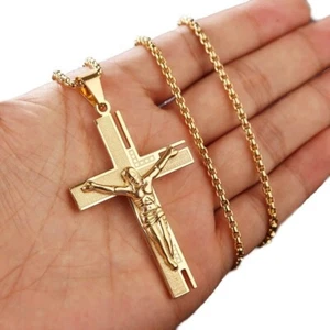 Jesus Christ Cross Necklace 18K Gold Plated Chain Crucifix Pendant Jewelry - Picture 1 of 4