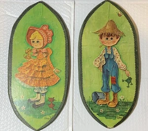 Edna Vierra Boy Girl Colorful Wood Pictures Wall Hanging Set of 2 Vintage - Picture 1 of 5