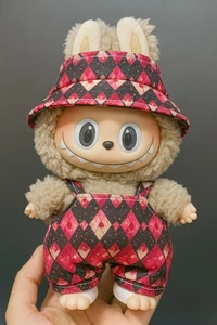 Red Diamond Pattern Overalls & Bucket Hat Outfit Set Classic Style for Labubu - Picture 1 of 1