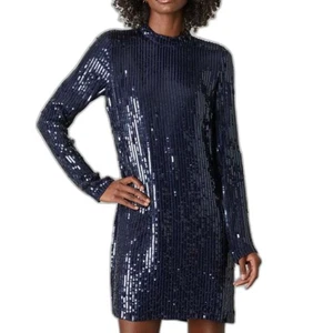 Velvet by Graham & Spencer Veda Sequin Shift Mini Dress Long Sleeve, Navy, Small - Picture 1 of 5