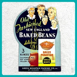 Letrero publicitario vintage Green Mountain Baked Beans años 40 Nueva Inglaterra - Imagen 1 de 13