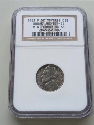 Super Nice 1983 P CUD/Die Break Nickel JNC-83P-2B NGC MS65 - Image 1 of 2