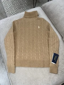 Polo Ralph Lauren Wool Cashmere Cable Roll Neck Jumper M Medium camel - Picture 1 of 4