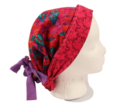 Medical-Surgical Scrub Cap Women Long Hair Tie On Hand Made Reversible Red - Image 1 of 4