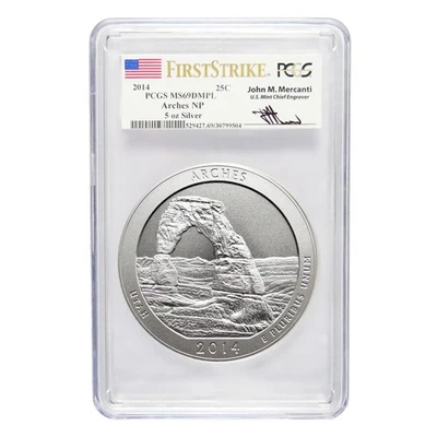 2014 Silver ATB Arches National Park 5 oz PCGS FS MS69DMPL Mercanti Signature - Image 1 of 2