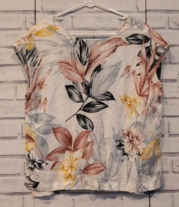 C&C California Women's Size M 100% Linen Blouse Sleeveless Tropical Button Back - Picture 1 of 8