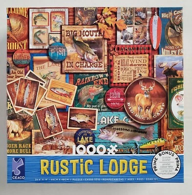 Ceaco Rustic Lodge Series 2 Camp Signs 1000 Piece Jigsaw Puzzle Fish Deer New! - Image 1 of 2