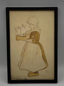 Antique 1905 Framed Watercolor Sketch Young Dutch Girl Artist Signed R.H.M. - Picture 1 of 20
