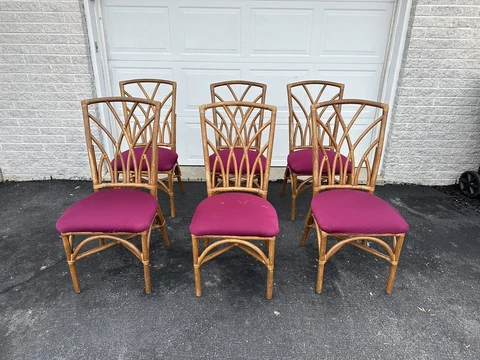 Set of 6 Vintage Bamboo Rattan Wicker Cane upholstered dining chairs Mid Century Cover
