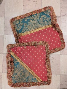 Custom Made Red Gold Green Throw Pillow Cover With Brush Fringe 21 x 21 - Picture 1 of 9