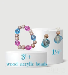 Wood & Crystal Bead Stretch Bracelet- Earrings Set Brown Pink Blue Lightweight - Picture 1 of 9