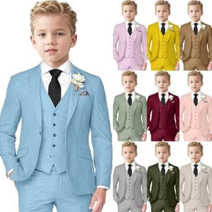 Boys Linen Suit 3 Piece Slim Fit Suits for Kids Formal Tuxedo Suits for Summer - Picture 1 of 35