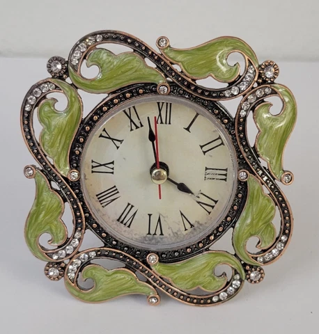 Small Decorative Desk Bedside Clock Green Enamel And Rhinestones 4 X 4" Cover