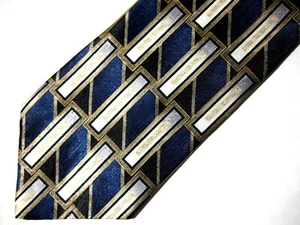 Vtg David Taylor Mens Necktie Tie Navy Blue Beige White Geometric 60" Career - Foto 1 di 3