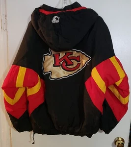 Vtg 90's Starter Stadium Jacket NFL Kansas City Chiefs Hood Half Zip Pullover L - Bild 1 von 7