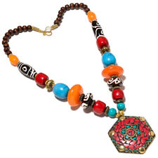 RED CORAL & TURQUOISE GEMSTONE GOLD PLATED NEPALI STYLE NECKLACE 18-20"