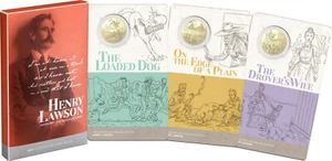 2022 HENRY LAWSON THREE COIN COLLECTION 50C UNCIRCULATED COINS IN FOLDER RAM - Foto 1 di 8