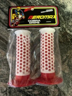 ! OLD SCHOOL COBRA F1 BMX BIKE GRIPS  RED WHITE  W/ VNTG OAKLEY DECAL FUAN SHAPE - Image 1 of 4