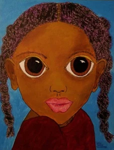 Big Eyes inspiriert hübsches schwarzes Mädchen Retro Look 7,625 x 10 Metalldruck  - Bild 1 von 1