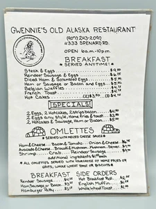 Vintage 1990's Gwennie's Old Alaska Restaurant Menu Anchorage Alaska 9" x 11.5"! - Picture 1 of 3