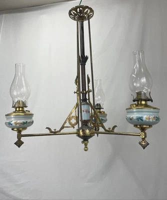 Antique Victorian Aesthetic Eastlake Oil Kerosene Hanging Chandelier Porcelain - Image 1 of 4