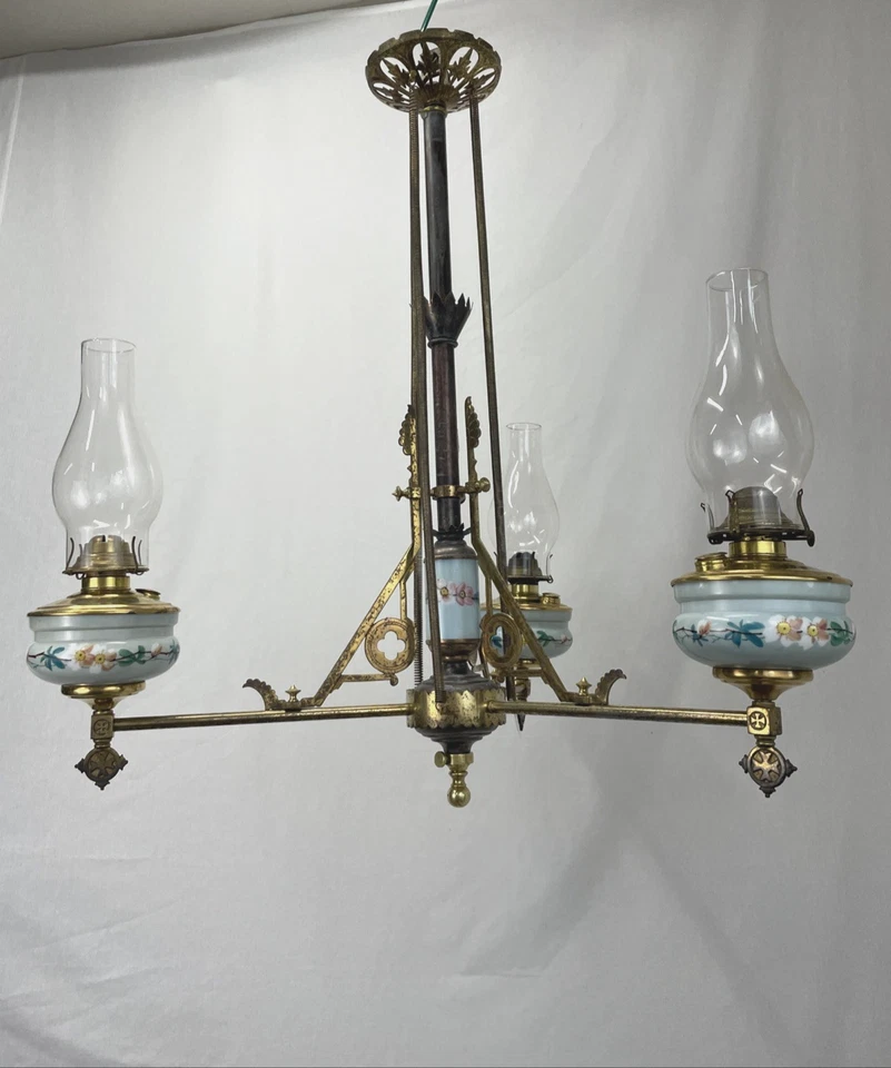 Antique Victorian Aesthetic Eastlake Oil Kerosene Hanging Chandelier Porcelain - Image 1 of 4