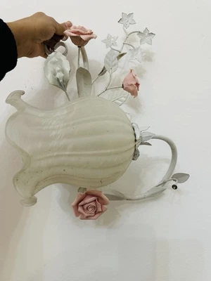 APPLIQUE Muro VINTAGE Shabby Chic 1 Luce Ferro Battuto Rose Ceramiche Vetro Flor - Immagine 1 di 4