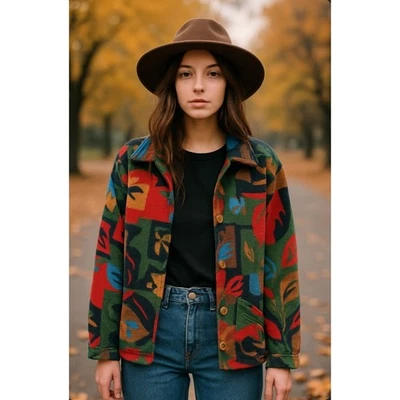 Blair Fleece Barn Jacket Cardigan Patchwork Autumn Cabincore Sz M Multicolor Vtg - Image 1 of 4