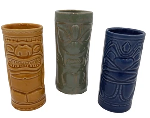 Three Tiki Polynesian Ceramic Totem Tumblers Vintage Barware Blue Gold Green - Picture 1 of 8