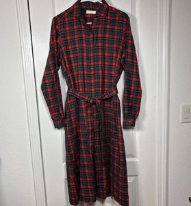 Vtg Brooks Brothers Plaid Shirt Dress 16 Tie Belt Pockets Wool Cotton Flannel - Picture 1 of 12