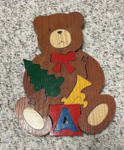 Vintage 1990s Handcrafted  Wood Teddy Bear Jigsaw Puzzle Christmas Figurine - Picture 1 of 3
