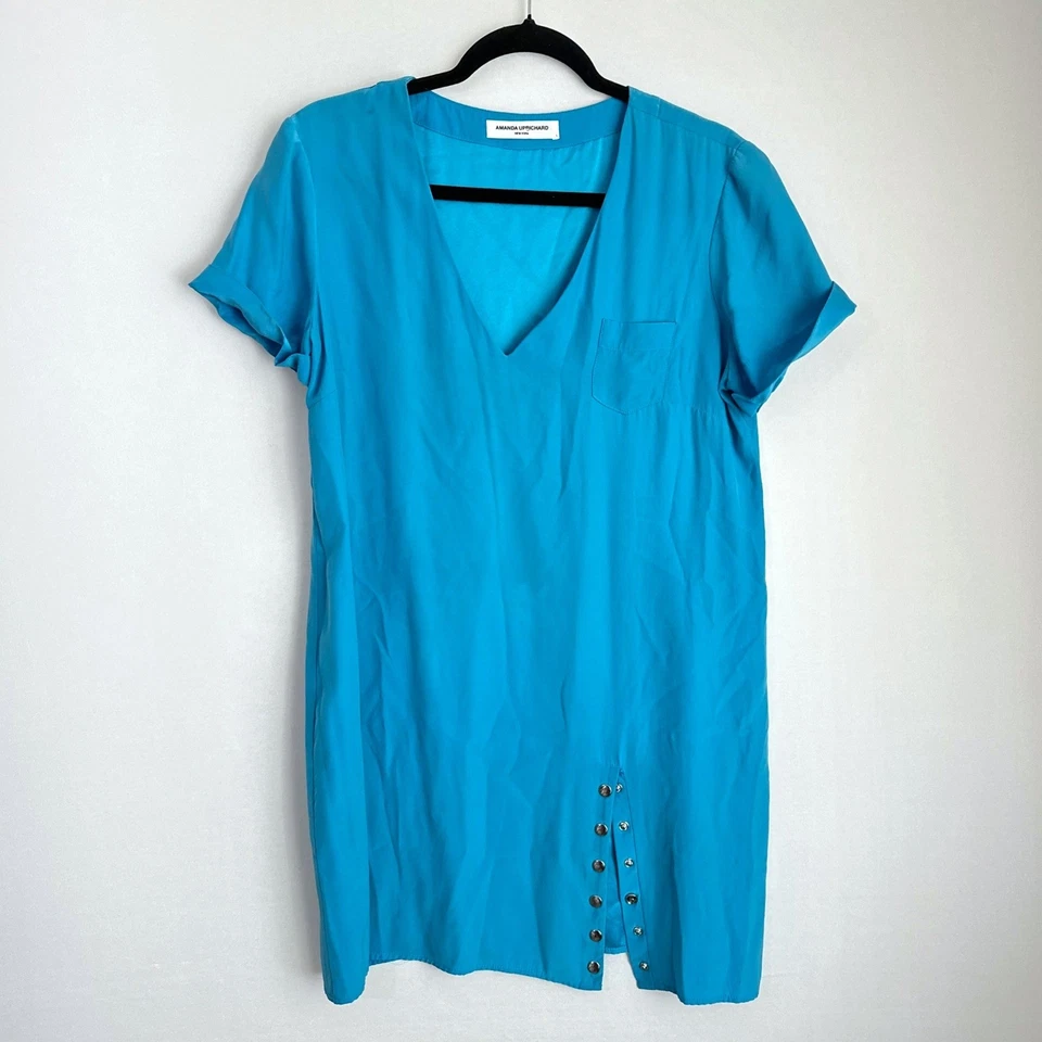 Amanda Uprichard Silk Mini Shift Dress V Neck Short Sleeve Turquoise Blue Size L - Image 1 of 4