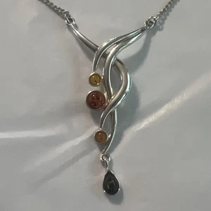 Sterling Silver Baltic Amber Y Drop Necklace Signed 925 V8 - Picture 1 of 21