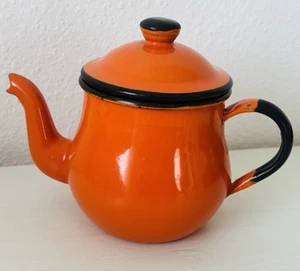 Vintage Orange Lidded Enamel Teapot W/ Black Trim 5” in Tall Made In Japan - Picture 1 of 8