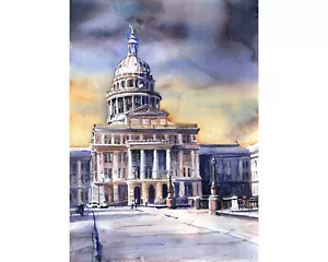 Watercolor painting Texas Capitol city Austin, Texas. Austin skyline art (print) - Picture 1 of 12