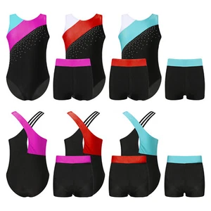 Kids Girls Shorts Neckline Dancewear Mesh Leotard Decorated Set Skating Outfit - Picture 1 of 28