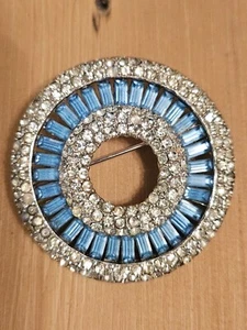 Rhinestone Brooch Pin Round Circle Blue Baguette Vintage Style Jewelry - Picture 1 of 18