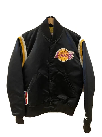 Vintage 80s 90s NBA Los Angeles Lakers Black Satin STARTER Bomber Jacket USA Cover