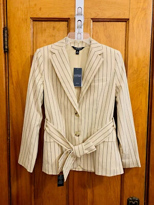 Ralph Lauren belted wool blend striped blazer beige black petite NWT 0P $345.00 - Image 1 of 4